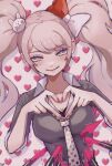 1girl :d animal_print bear_print blonde_hair blood bow breasts buwei_(ironypot) cosplay danganronpa:_trigger_happy_havoc danganronpa_(series) enoshima_junko enoshima_junko_(cosplay) finger_heart freckles grey_eyes hair_bow hair_ornament heart highres ikusaba_mukuro impaled large_breasts nail_polish necktie pink_blood polearm rabbit_hair_ornament red_nails short_sleeves smile solo spear teeth twintails upper_body weapon white_background 