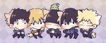  5boys animal_ears black_eyes black_hair black_pants blonde_hair brothers cat_boy cat_ears cat_tail checkered_background chibi closed_eyes commentary_request dog_boy dog_ears dog_tail ekubo_(mob_psycho_100) full_body hanazawa_teruki highres jacket kageyama_ritsu kageyama_shigeo kemonomimi_mode kii_hiyoko7 male_focus mob_psycho_100 multiple_boys no_mouth pants reigen_arataka serizawa_katsuya short_hair siblings tail twitter_username 