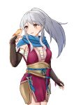  1girl animal animal_on_hand bird bird_on_hand black_gloves blue_scarf blush breasts brown_eyes cleavage cleavage_cutout clothing_cutout commentary elbow_gloves fingerless_gloves fire_emblem fire_emblem:_radiant_dawn fire_emblem_heroes gloves grey_hair hand_up highres long_hair looking_to_the_side medium_breasts micaiah_(fire_emblem) micaiah_(ninja)_(fire_emblem) official_alternate_costume official_alternate_hairstyle parted_lips ponytail sarashi scarf simple_background smile solo standing takaneko white_background 