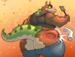 activision anthro ass_out bottomwear butt_slap canid canine canis clothing crash_bandicoot_(series) crocodile crocodilian crocodylid dingo dingodile embarassed_nude_male embarrassed haxsmack hybrid invalid_tag male mammal pants reptile scalie slap solo spank_marks spanking spatula tail tools topwear vest