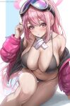  1girl abpart bare_shoulders bikini blue_archive blush breasts cleavage closed_mouth eimi_(blue_archive) eimi_(swimsuit)_(blue_archive) highres jacket large_breasts long_hair long_sleeves looking_at_viewer navel off_shoulder official_alternate_costume open_clothes open_jacket pink_eyes pink_hair pink_jacket solo swimsuit thighs 