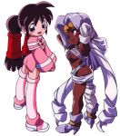  1990s_(style) absurdly_long_hair arms_behind_head ass blue_eyes boots brown_hair canny_(saber_r) cherry_(saber_r) circlet dark-skinned_female dark_skin full_body grey_hair high_heels long_hair long_sleeves looking_at_viewer non-web_source official_art one_eye_closed open_mouth red_eyes retro_artstyle saber_marionette_r simple_background standing twintails very_long_hair white_background 