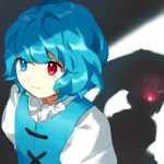  1girl blue_eyes blue_hair blue_vest closed_mouth commentary_request frills heterochromia kaigen_1025 red_eyes shadow shirt short_hair smile solo tatara_kogasa touhou vest wavy_hair white_shirt 