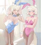  2girls absurdres animal_ear_fluff animal_ears bandaid bandaid_hair_ornament blonde_hair blue_bow blue_bowtie blue_eyes blue_hair blue_leotard blush bow bowtie breasts collar detached_collar dog_ears dog_girl dog_tail fake_animal_ears fuwawa_abyssgard hair_ornament hairclip highres hololive hololive_english large_breasts leotard long_hair me0i medium_hair mococo_abyssgard multicolored_hair multiple_girls pantyhose pink_bow pink_bowtie pink_eyes pink_hair pink_leotard playboy_bunny rabbit_ears rabbit_pose siblings sisters small_breasts streaked_hair tail twins virtual_youtuber white_collar white_wrist_cuffs x_hair_ornament 