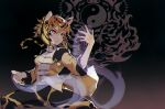  1girl animal_ears animal_print blonde_hair braid chinese_clothes cowboy_shot fighting_stance highres kung_fu long_sleeves multicolored_hair original puffy_long_sleeves puffy_sleeves red_eyes ryuu_tou shirt solo tiger_ears tiger_girl tiger_print yellow_shirt 