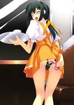  anal anal_beads anna_miller apron bangs black_hair blush closed_eyes dildo dildo_harness eyebrows_visible_through_hair f-ism fingernails from_behind highres holding holding_tray indoors kneepits long_hair low_ponytail murakami_suigun object_insertion open_mouth orange_ribbon orange_skirt original public_vibrator puffy_short_sleeves puffy_sleeves ribbon short_sleeves skirt solo sweat tears tray vaginal vibrator waitress 