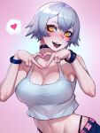  1girl black_crowser blue_pants breasts choker crop_top grey_hair heart heart_hands highres large_breasts midriff navel open_mouth original pants pink_background pink_nails short_hair simple_background solo stomach tank_top teeth tongue white_tank_top wristband yellow_eyes 