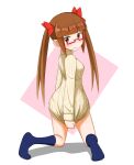  1girl blue_socks blunt_bangs blush bow breasts brown_eyes brown_hair closed_mouth clothes_pull dot_nose from_behind glasses hair_bow hair_ribbon highres idolmaster idolmaster_cinderella_girls idolmaster_cinderella_girls_starlight_stage ikebukuro_akiha kneeling long_hair long_sleeves looking_at_viewer looking_back pink_background red-framed_eyewear red_ribbon ribbon semi-rimless_eyewear shadow shy simple_background small_breasts socks solo sweatdrop sweater sweater_pull turtleneck turtleneck_sweater twintails under-rim_eyewear wavy_mouth yellow_sweater youdie 