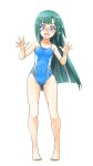  alternate_hairstyle ass_visible_through_thighs barefoot blue_eyes blue_one-piece_swimsuit blush breasts covered_navel fang green_hair hair_down highleg highleg_swimsuit kemono_friends kemono_friends_r long_hair multicolored_clothes multicolored_swimsuit naka_(nicovideo14185763) nose_blush one-piece_swimsuit open_mouth simple_background small_breasts standing surprised swimsuit tomoe_(kemono_friends)_(niconico88059799) white_background 