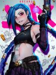  1girl absurdres arcane:_league_of_legends arm_tattoo belt black_crowser black_gloves black_shirt blue_hair braid braided_ponytail breasts crop_top fingerless_gloves gloves gun highres holding holding_gun holding_weapon jinx_(league_of_legends) league_of_legends long_hair midriff navel pants shirt smile solo stomach stomach_tattoo striped striped_pants tattoo twin_braids weapon 