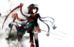  black_dress black_hair black_thighhighs burning closed_mouth commentary_request dress fire flat_chest holding holding_pitchfork houjuu_nue kaigen_1025 mismatched_wings neck_ribbon pale_skin pitchfork red_eyes red_ribbon ribbon short_dress short_hair short_sleeves smile thighhighs touhou 