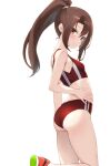  1girl alternate_costume ass breasts brown_eyes brown_hair buruma from_behind highres kantai_collection long_hair looking_at_viewer midriff ponytail red_buruma red_shirt shirt simple_background sleeveless sleeveless_shirt small_breasts solo sports_bikini white_background zarashi zuihou_(kancolle) 