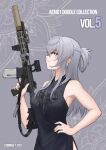  1girl alma01 ar-15 armpits assault_rifle blue_eyes braid breasts cover earrings eyelashes grey_hair gun gun_sling hair_between_eyes hand_on_own_hip highres holding holding_gun holding_weapon jewelry large_breasts laser optical_sight original rifle sidelocks solo suppressor weapon 