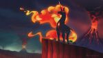 absurd_res ambiguous_gender cliff detailed_background elemental_creature equid equine feral fire fire_creature flaming_hair hasbro hi_res horn light262 macro mammal my_little_pony plant pseudo_hair quadruped solo tree unicorn volcano