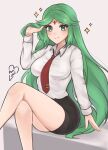  1girl alternate_costume artist_name breasts circlet crossed_legs english_commentary green_eyes green_hair hair_flip highres kid_icarus long_hair looking_at_viewer medium_breasts office palutena pencil purrlucii red_tie sitting solo very_long_hair 