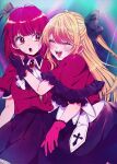  2girls arima_kana black_gloves black_headwear black_ribbon blonde_hair bob_cut closed_eyes gloves hair_ribbon hat highres hoshino_ruby idol idol_clothes inverted_bob long_hair multiple_girls open_mouth oshi_no_ko pink_gloves red_eyes red_hair red_shirt ribbon rumic_0620 shirt short_hair smile 