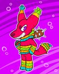 2018 absurd_res ambiguous_gender animate_inanimate anthro bat_(object) blue_markings border canid canine chibi circle_eyebrows digital_drawing_(artwork) digital_media_(artwork) ear_tuft eyebrows fiesta_(maligaytor) flat_colors full-length_portrait green_markings handpaw hi_res hindpaw holding_object holding_weapon living_pinata maligaytor mammal markings narrowed_eyes orange_markings pawpads paws pinata pink_body pink_pawpads portrait purple_background purple_eyes red_nose simple_background solo spiked_bat tail toothy_grin tuft weapon white_border yellow_markings
