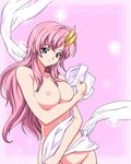  bangs blue_eyes breast_hold breasts grin groin gundam gundam_seed gundam_seed_destiny hair_ornament lacus_clyne large_breasts long_hair looking_at_viewer lux naughty_face nipples non-web_source nude parted_bangs pink_hair polka_dot polka_dot_background shawl smile solo sparkle standing 