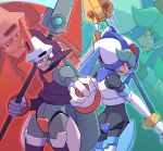  1boy 1girl armor artist_name blue_hair crop_top crotch_plate energy_blade forehead_jewel glowing glowing_eyes green_hair helmet highres holding holding_scythe holding_staff ishigaki02 light_blue_hair mega_man_(series) mega_man_zx pandora_(mega_man) power_armor prometheus_(mega_man) red_eyes scythe staff twitter_username 