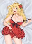  1girl absurdres ahoge bare_shoulders blonde_hair blush breasts cameltoe cleavage collarbone das_(dan_dan) dress dress_swimsuit fate/grand_order fate_(series) flower green_eyes hair_between_eyes hair_flower hair_intakes hair_ornament highres large_breasts long_hair looking_at_viewer nero_claudius_(fate) nero_claudius_(modern_costume_of_crimson)_(fate) panties red_dress red_panties smile solo thighs underwear 