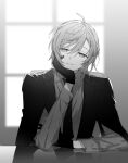  1boy buttoned_cuffs chair collared_shirt fo_u0 gloves greyscale hair_between_eyes head_rest head_tilt highres jacket jacket_on_shoulders kanae_(nijisanji) long_sleeves looking_at_viewer male_focus medium_hair mole mole_under_eye monochrome necktie nijisanji official_alternate_costume parted_lips shirt smile solo table upper_body vest virtual_youtuber window 