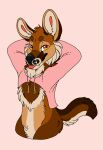 2018 absurd_res akamai_(maligaytor) anthro black_nose blep bottomless brown_body brown_fur canid canine canis cheek_tuft circle_eyebrows clothed clothing crotch_tuft digital_drawing_(artwork) digital_media_(artwork) eyebrows facial_tuft fangs featureless_crotch flat_colors fluffy_chest fur gradient_eyes half-length_portrait hands_behind_head head_tuft hi_res hoodie hybrid jackal looking_at_viewer male maligaytor mammal maned_wolf meme meme_clothing narrowed_eyes pink_background pink_clothing pink_eyes pink_hoodie pink_tongue pink_topwear portrait simple_background snout solo tail tan_body tan_fur teeth tongue tongue_out topwear tuft twitter_hoodie yellow_eyes