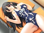  black_hair blush breasts cameltoe classroom cum cum_on_clothes desk empty_eyes glasses kuuchuu_yousai large_breasts looking_up lying makai_tenshi_djibril on_back one-piece_swimsuit otonashi_meimi red_eyes school_desk school_swimsuit solo swimsuit 