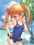  1girl absurdres bare_shoulders beach blue_one-piece_swimsuit blue_sky blunt_bangs blurry blurry_background blush bow breasts brown_eyes brown_hair closed_mouth cloud collarbone covered_navel cowboy_shot day dot_nose glasses hair_bow hair_ribbon hand_on_own_hip hand_up highres idolmaster idolmaster_cinderella_girls idolmaster_cinderella_girls_starlight_stage ikebukuro_akiha lens_flare long_hair looking_at_viewer ocean one-piece_swimsuit outdoors palm_tree pink-framed_eyewear rainbow_gradient red_ribbon ribbon semi-rimless_eyewear signature sky small_breasts smile solo sparkle standing swimsuit swimsuit_skirt tree twintails under-rim_eyewear v wet yukinuno 