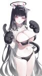  1girl :o absurdres alternate_costume animal_ear_fluff animal_ears animal_hands bikini black_bikini black_hair blue_archive blush breasts cat_ears cat_tail cleavage cropped_sweater gloves groin halo highres huge_breasts kemonomimi_mode long_hair long_sleeves looking_at_viewer meunhongcha navel no_pants paw_gloves red_eyes ribbed_sweater rio_(blue_archive) simple_background solo stomach string_bikini sweatdrop sweater swimsuit tail very_long_hair white_background white_sweater 