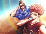  2boys alternate_costume artist_request black_hair food food_in_mouth highres hot ice_cream itadori_yuuji jujutsu_kaisen looking_at_viewer male_focus multiple_boys muscular muscular_male refraction scar scar_across_eye short_hair sideburns sunglasses sweat tank_top toudou_aoi_(jujutsu_kaisen) undercut upper_body 