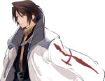  1boy belt black_belt black_jacket blue_eyes brown_hair chain coat commentary_request final_fantasy final_fantasy_viii high_collar implied_yaoi jacket long_coat looking_to_the_side male_focus military_uniform oversized_clothes scar scar_on_face seed_uniform_(ff8) seifer_almasy serious short_hair simple_background solo squall_leonhart standing u-min uniform white_background white_coat wind 