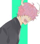  1boy black_shirt green_background hair_over_eyes horns male_focus one_piece open_mouth pink_hair raine_(acke2445) shirt simple_background solo upper_body white_background white_horns who&#039;s_who_(one_piece) 