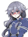  1girl blue_dress blue_eyes commentary_request dress fu_hua fu_hua_(valkyrie_accipiter) glasses grey_hair hair_between_eyes highres honkai_(series) honkai_impact_3rd juliet_sleeves long_hair long_sleeves looking_at_viewer narumiya_ponpo parted_lips puffy_sleeves red-framed_eyewear simple_background solo upper_body very_long_hair white_background 