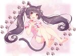 1girl :3 :d animal_ear_fluff animal_ears barefoot bi_neko706 blunt_bangs blunt_ends blurry blurry_background blush border bow brown_eyes brown_hair cat_ears cat_girl cat_tail chocola_(nekopara) choker colored_eyelashes commentary_request fang feet floating_hair frilled_choker frills full_body hair_bow hand_on_own_stomach hand_up happy highres knees_together_feet_apart knees_up long_hair looking_at_viewer lying nekopara on_back open_mouth pajamas panties paw_print pink_background pink_bow pink_pajamas pink_panties puffy_short_sleeves puffy_sleeves red_ribbon ribbon ribbon-trimmed_sleeves ribbon_trim short_sleeves simple_background smile soles solo striped striped_panties tail thigh_strap thighs toes twintails underwear very_long_hair white_border 