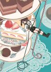  1girl absurdres arimoto_wataru black_necktie brown_hair cake cake_slice climbing_rope coffee coffee_cup cup dessert disposable_cup food fruit grey_shorts highres knee_pads macaron necktie original pastry plate red_eyes rope saucer shirt shorts solo spoon strawberry strawberry_shortcake white_shirt 