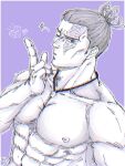  1boy abs bara black_hair blowing_kiss greyscale_with_colored_background heart highres jewelry jujutsu_kaisen large_pectorals male_focus muscular muscular_male necklace nipples nude one_eye_closed pectorals ruu_(ruuu0101) scar scar_across_eye short_hair sideburns solo toudou_aoi_(jujutsu_kaisen) upper_body wink_star 
