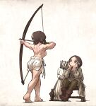  2girls archery arrow_(projectile) back barefoot bloomers blush bow_(weapon) braid breasts brown_eyes brown_hair brown_leggings clothed_female_nude_female commentary drawing_bow english_commentary flora_sister_(ironlily) front_twin_braids_sister_(ironlily) full_body hair_ornament head_rest highres holding holding_bow_(weapon) holding_weapon ironlily leggings looking_at_another low_twin_braids medium_breasts medium_hair multiple_girls muscular muscular_female nude ordo_mediare_sisters_(ironlily) quiver sideboob sitting topless twin_braids weapon x_hair_ornament yuri 