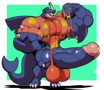 3_toes 5_fingers anthro anthrofied balls big_balls big_muscles big_pecs big_penis blue_body bobert bodily_fluids clothing countershading cum ejaculation erection feet fingers fist flexing fruit_motif garchomp generation_4_pokemon genital_fluids genitals grin hi_res huge_balls huge_muscles huge_penis hyper hyper_balls hyper_genitalia hyper_muscles hyper_penis looking_at_viewer male multicolored_penis muscular nintendo pecs penis plantigrade pokemon pokemon_(species) red_body red_countershading scuba_gear shirt smile solo standing toes topwear torn_clothing