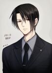  1boy aged_down black_hair black_jacket black_necktie black_suit collared_shirt commentary_request dated dirge_of_cerberus_final_fantasy_vii expressionless final_fantasy final_fantasy_vii grey_background grey_shirt hiryuu_(kana_h) jacket looking_to_the_side male_focus necktie official_alternate_costume official_alternate_hairstyle red_eyes shirt signature simple_background solo suit suit_jacket upper_body vincent_valentine 