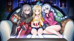  &gt;_&lt; 1other 3girls :t absurdres ahoge alternate_costume blonde_hair blue_eyes blue_shorts braid breasts cleavage clock couch eating food genshin_impact grey_hair highres honkai:_star_rail honkai_(series) honkai_impact_3rd hood hoodie kiana_kaslana lumine_(genshin_impact) multiple_girls on_couch paimon_(genshin_impact) pants photo_(object) pink_hoodie pom-pom_(honkai:_star_rail) popcorn raiden_mei red_pants scared shirt shorts sitting smile stelle_(honkai:_star_rail) trailblazer_(honkai:_star_rail) twin_braids wall_clock wellsy white_hair yellow_eyes yellow_shirt 