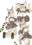  1girl absurdres animal_ears belt camouflage cat_ears cat_girl cat_tail elbow_gloves extra_ears fingerless_gloves gloves green_eyes grey_hair highres jacket jungle_cat_(kemono_friends) kemono_friends kemono_friends_v_project kneehighs long_hair looking_at_viewer microphone oaug241 ribbon shirt shoes simple_background skirt socks suspenders tail twintails virtual_youtuber 