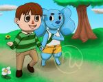 2019 3_toes 4_fingers animal_crossing anthro artist_logo barefoot blue&#039;s_clues blue_(blue&#039;s_clues) blue_body blue_fur blue_nose blue_sky bottomwear brown_clothing brown_eyes brown_footwear brown_hair brown_shoes button_(fastener) canid canine canis clothed clothing cloud crossover day digital_drawing_(artwork) digital_media_(artwork) dirt_path domestic_dog dress_shirt duo eye_contact eyebrows feet female fingers flower fluffy fluffy_ears footwear fur grass green_clothing green_shirt green_tank_top green_topwear hair hand_holding hand_on_chest hi_res human interspecies leaf logo long_sleeves looking_at_another male male/female mammal multicolored_clothing multicolored_shirt multicolored_tank_top multicolored_topwear nickelodeon nintendo no_pupils open_mouth orange_bottomwear orange_clothing orange_shorts pants path pattern_clothing paws pink_tongue plant pockets raised_foot red_nose shirt shoes short_hair shorts sky skywater smile smiling_at_each_other smiling_at_partner spots spotted_body spotted_fur steve_(blue&#039;s_clues) striped_clothing stripes tail tan_body tan_skin tank_top thick_thighs toes tongue topwear tree triangle_nose undone_shirt white_clothing white_flower white_shirt white_tank_top white_topwear wide_hips yellow_flower