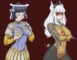  2girls absurdres angel armor azazel_(helltaker) black_hair blue_eyes blush crossed_arms crown demon demon_girl demon_horns hair_ribbon halo hands_on_own_chest helltaker highres horns looking_at_another lucifer_(helltaker) multiple_girls plate_armor red_background red_eyes ribbon wass_nonnam white_hair 