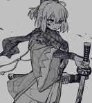  1girl blood blood_on_face bone_nig bow closed_mouth expressionless fate/grand_order fate_(series) greyscale hair_bow haori hatching_(texture) highres holding holding_sword holding_weapon japanese_clothes katana kimono long_sleeves looking_to_the_side monochrome okita_souji_(fate) okita_souji_(koha-ace) ponytail scarf sheath short_hair solo sword upper_body weapon wide_sleeves 