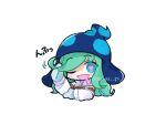  1boy androgynous blue_headwear blue_mittens chibi doradorakingyo drooling ecolo_(puyopuyo) green_hair hair_twirling heart heart_in_eye jacket long_hair long_sleeves looking_at_viewer male_focus mittens mouth_drool one_eye_closed puyopuyo puyopuyo_7 simple_background solo symbol_in_eye twitter_username unusual_ecolo white_background white_jacket zipper_pull_tab 