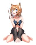  1girl animal_ear_fluff animal_ears arms_between_legs asobineko_(neko_irastonyan) bare_shoulders between_legs bikini black_bikini black_sleeves blue_eyes breasts brown_hair cleavage collarbone commentary_request commission detached_sleeves earrings eyes_visible_through_hair facial_mark fang full_body hair_between_eyes hand_between_legs highres jewelry looking_at_viewer medium_breasts medium_hair navel open_mouth original second-party_source shoulder_strap simple_background sitting skeb_commission skin_fang smile solo star_(symbol) star_facial_mark swimsuit v_arms wariza white_background wide_sleeves 