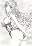  1girl ass atelier_(series) atelier_ryza braid breasts covered_nipples graphite_(medium) klaudia_valentz large_breasts long_hair looking_at_viewer mikuro monochrome outdoors sky solo swimsuit traditional_media 
