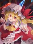  1girl ascot blonde_hair bow crystal doyagao fang flandre_scarlet hat hat_ribbon highres mob_cap namiki_(remiter00) one_side_up open_mouth pantyhose puffy_short_sleeves puffy_sleeves red_eyes red_skirt red_vest ribbon short_hair short_sleeves side_ponytail skirt slit_pupils smile smug solo touhou vest white_headwear wings yellow_ascot 