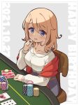  1girl :d aoyama_blue_mountain arm_rest belt blonde_hair blue_eyes border breasts brown_belt buttons card chair club_(shape) collarbone collared_shirt commentary dated gochuumon_wa_usagi_desu_ka? grey_background hair_between_eyes hand_on_own_chin happy_birthday heart highres long_sleeves looking_at_viewer medium_breasts medium_hair mohei parted_lips playing_card poker_chip poker_table purple_skirt red_shawl shawl shirt sidelocks simple_background sitting skirt smile solo table wavy_hair white_border white_shirt wooden_chair 