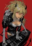  1girl black_horns black_jacket blonde_hair breasts cleavage demon_horns demon_tail dorohedoro gloves grey_gloves highres horns jacket nikaidou_(dorohedoro) open_mouth red_background red_eyes satoukrm smile solo tail 